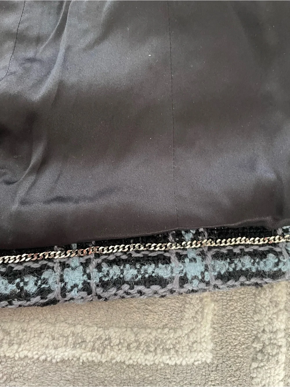 CHANEL Black and Light Blue Plaid Tweed Blazer